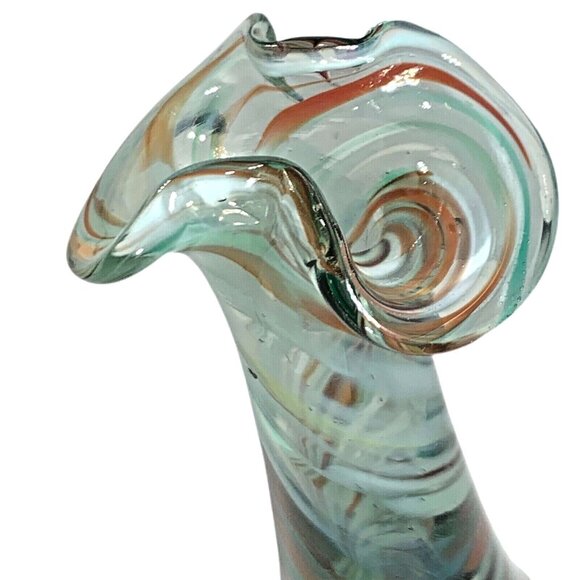 Vintage Art Glass Ruffled Vase Swirl Cased Ox Blood Blue Green Handblown 6.25" - Picture 2 of 10